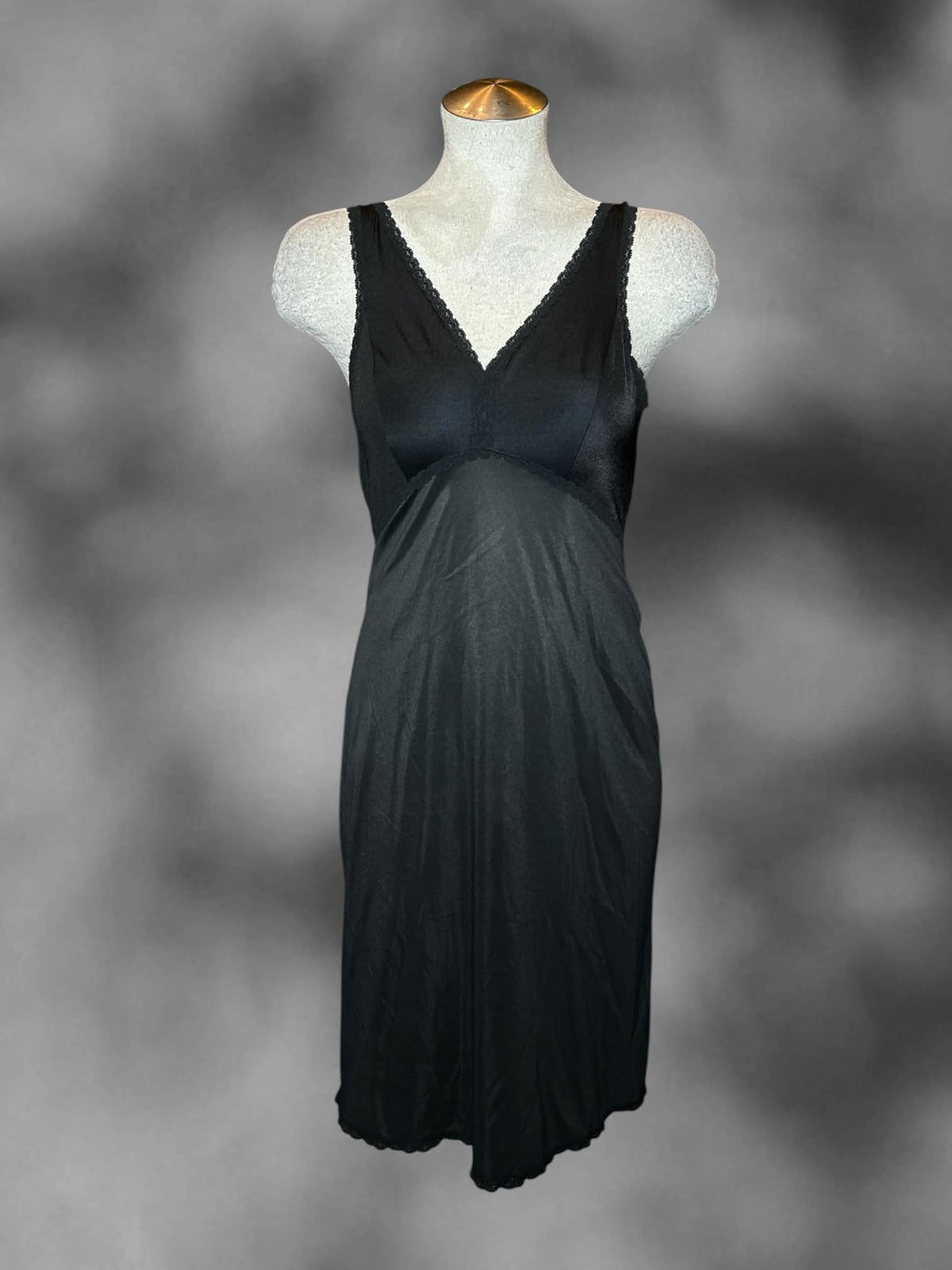 L Lord & Taylor vintage union-made black sheer slip dress with lace detailing