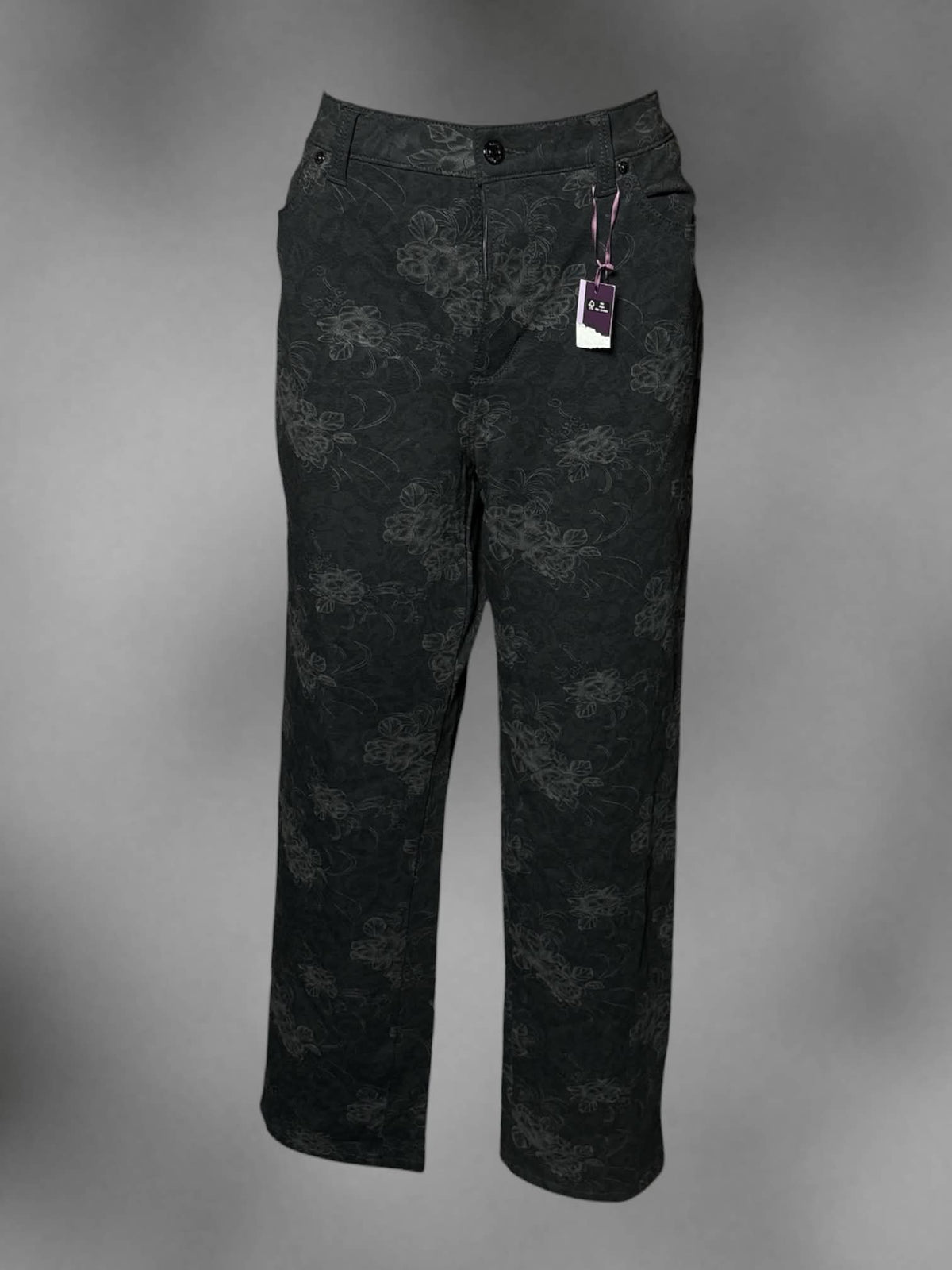 L Gloria Vanderbilt black mid-rise pants with grey floral pattern, and stretch waist