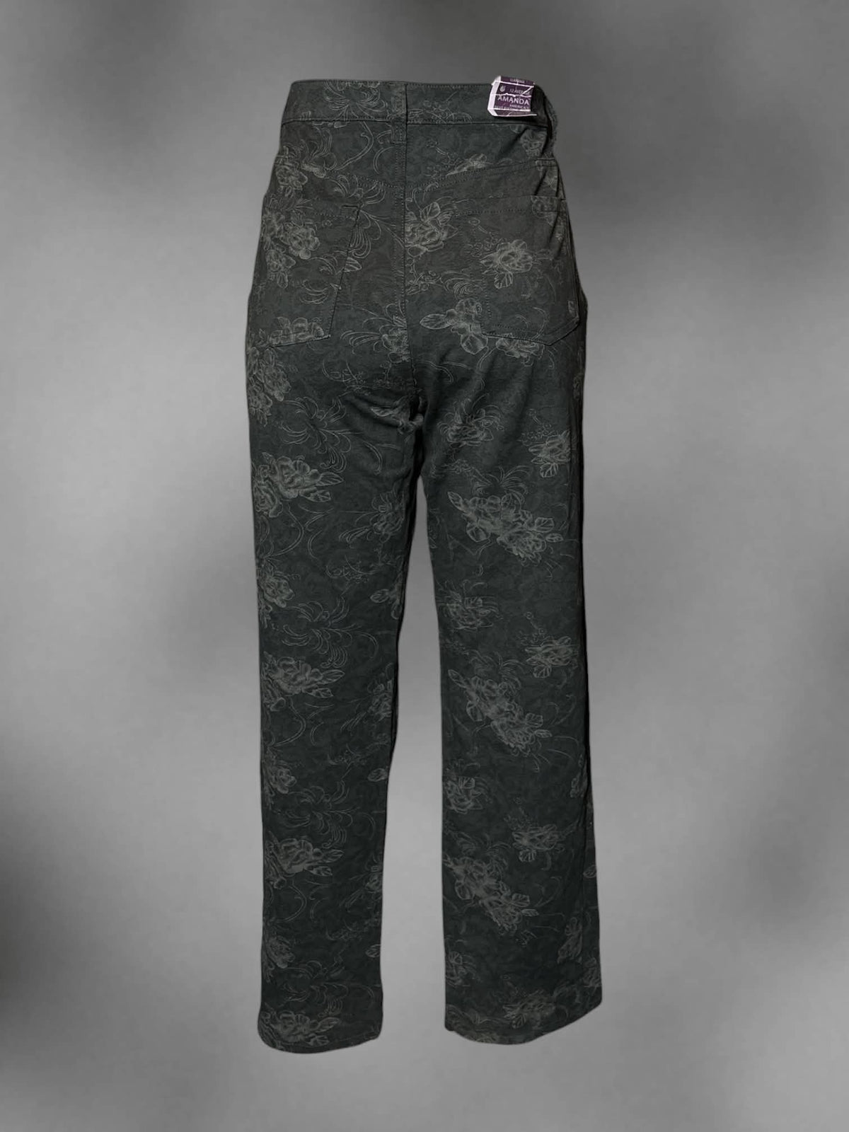 L Gloria Vanderbilt black mid-rise pants with grey floral pattern, and stretch waist