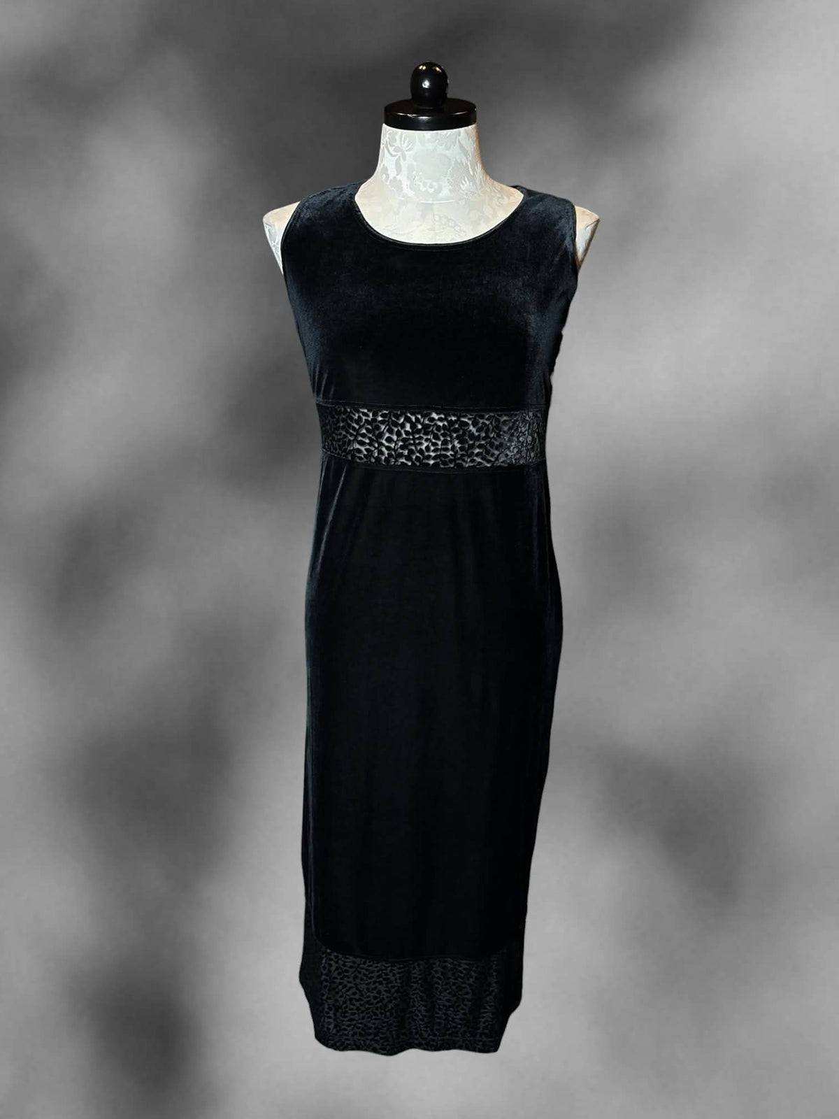 XL Dressing Clio vintage black velvet dress with mesh cutout on waist, and hemline