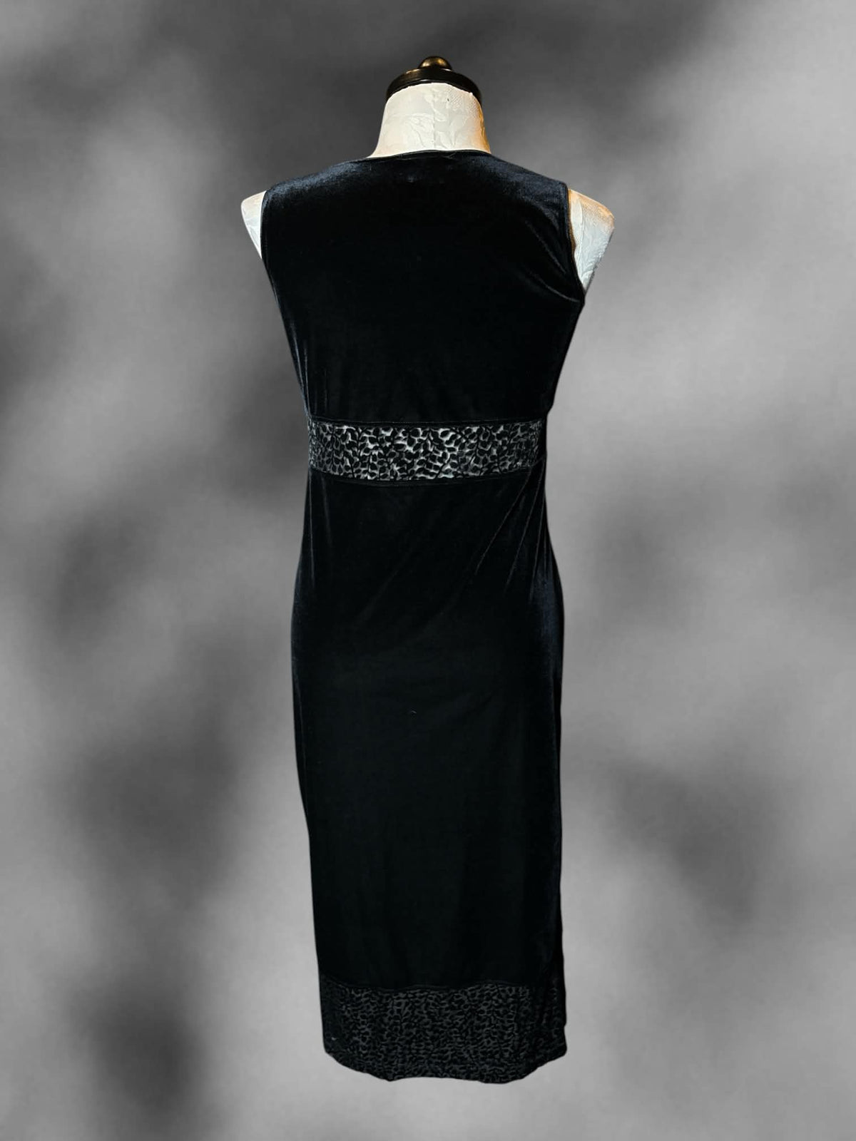 XL Dressing Clio vintage black velvet dress with mesh cutout on waist, and hemline