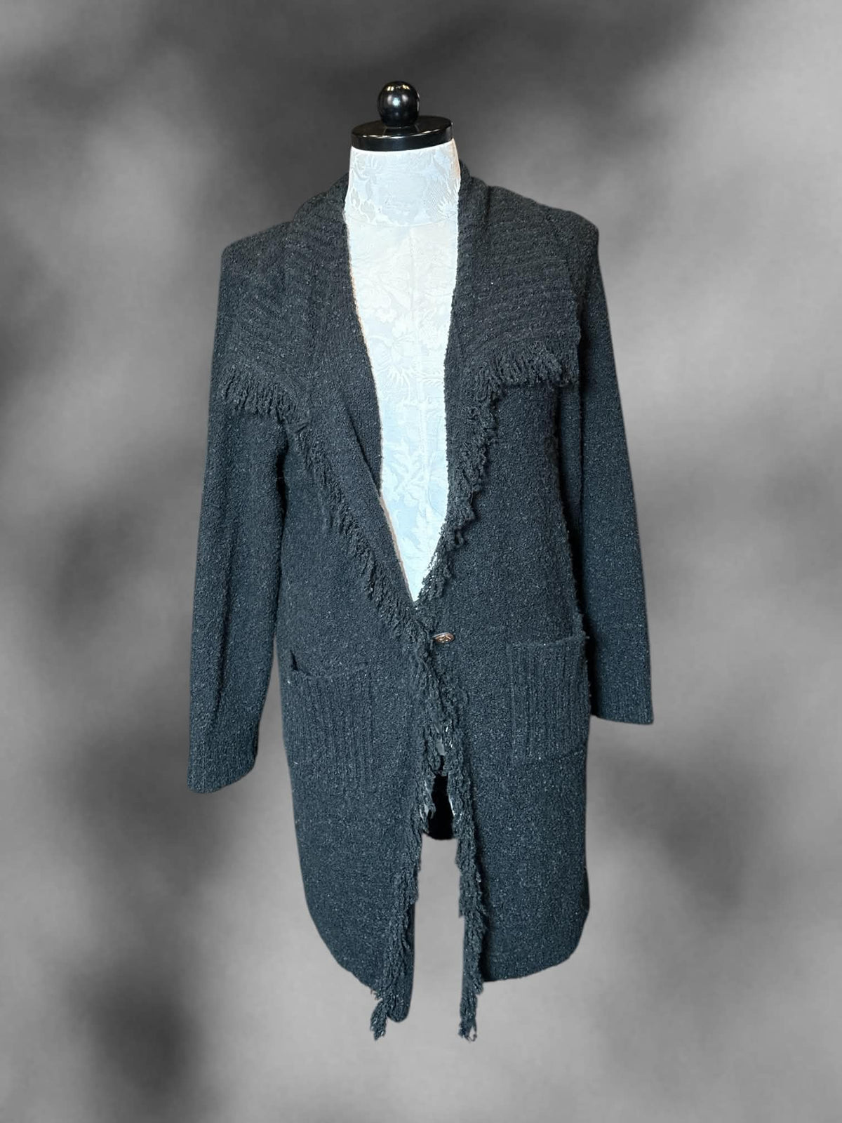 0X White Stag black long knit cardigan with pockets, and button on front