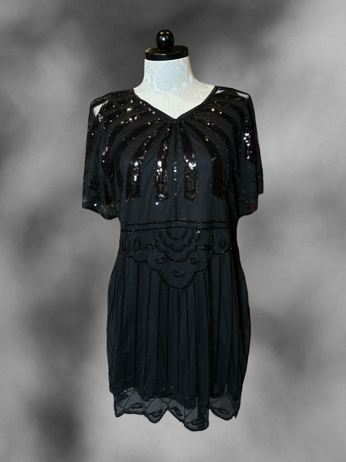 0X Unique Vintage NWT black short dress with mesh sequined outer layer, and slip dress with adjustable straps inside