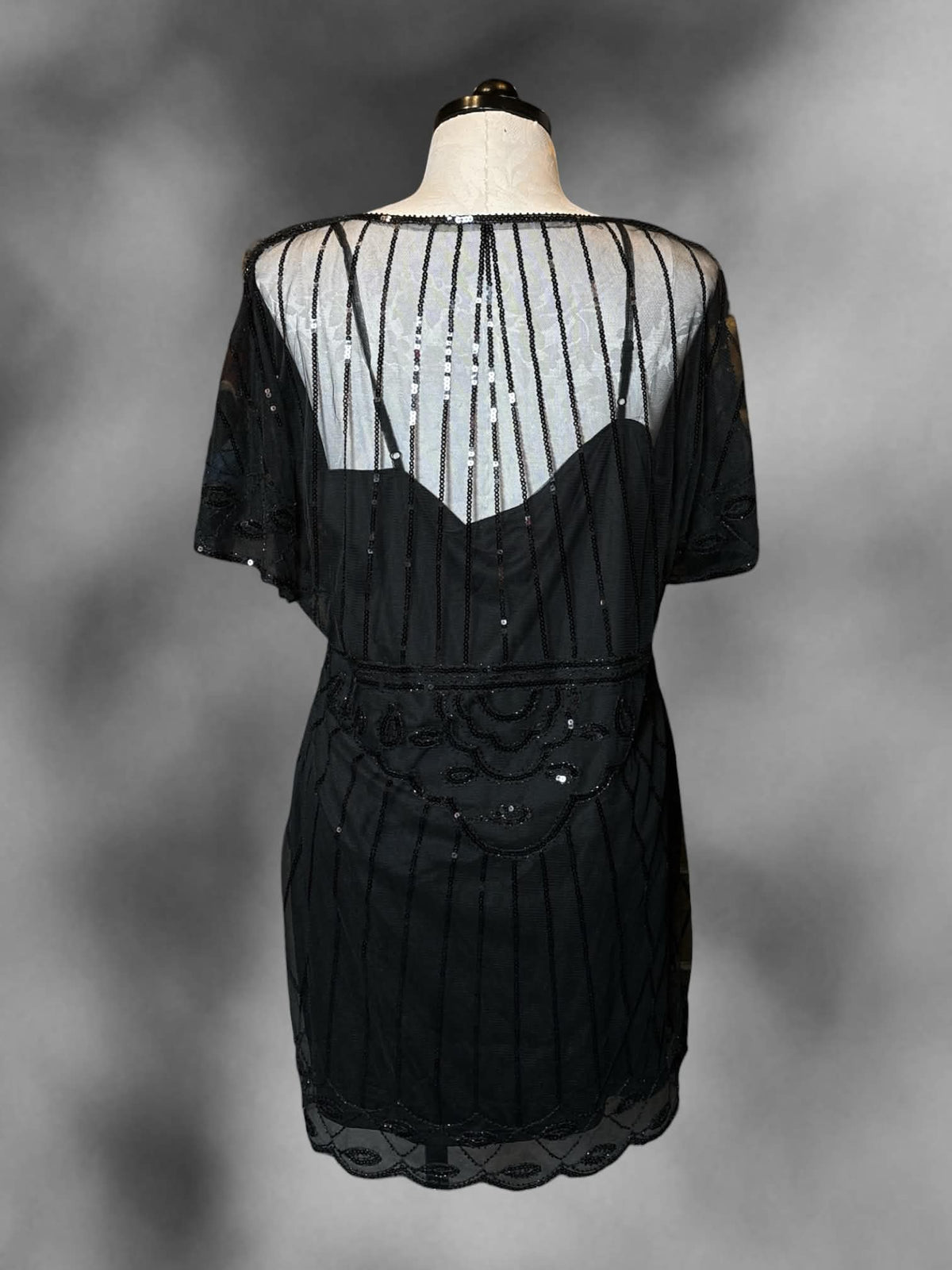 0X Unique Vintage NWT black short dress with mesh sequined outer layer, and slip dress with adjustable straps inside