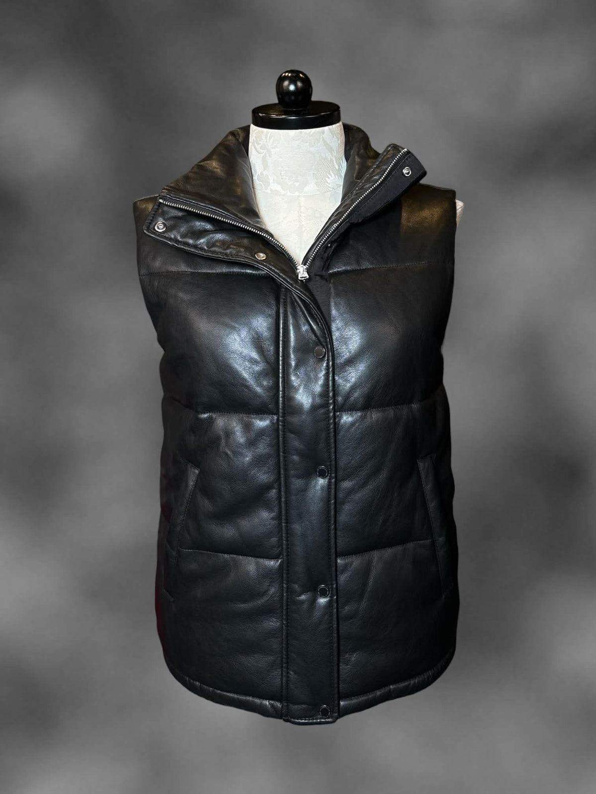 0X Abercrombie & Fitch black faux leather puffer vest with zipper and buttons on front, and pockets