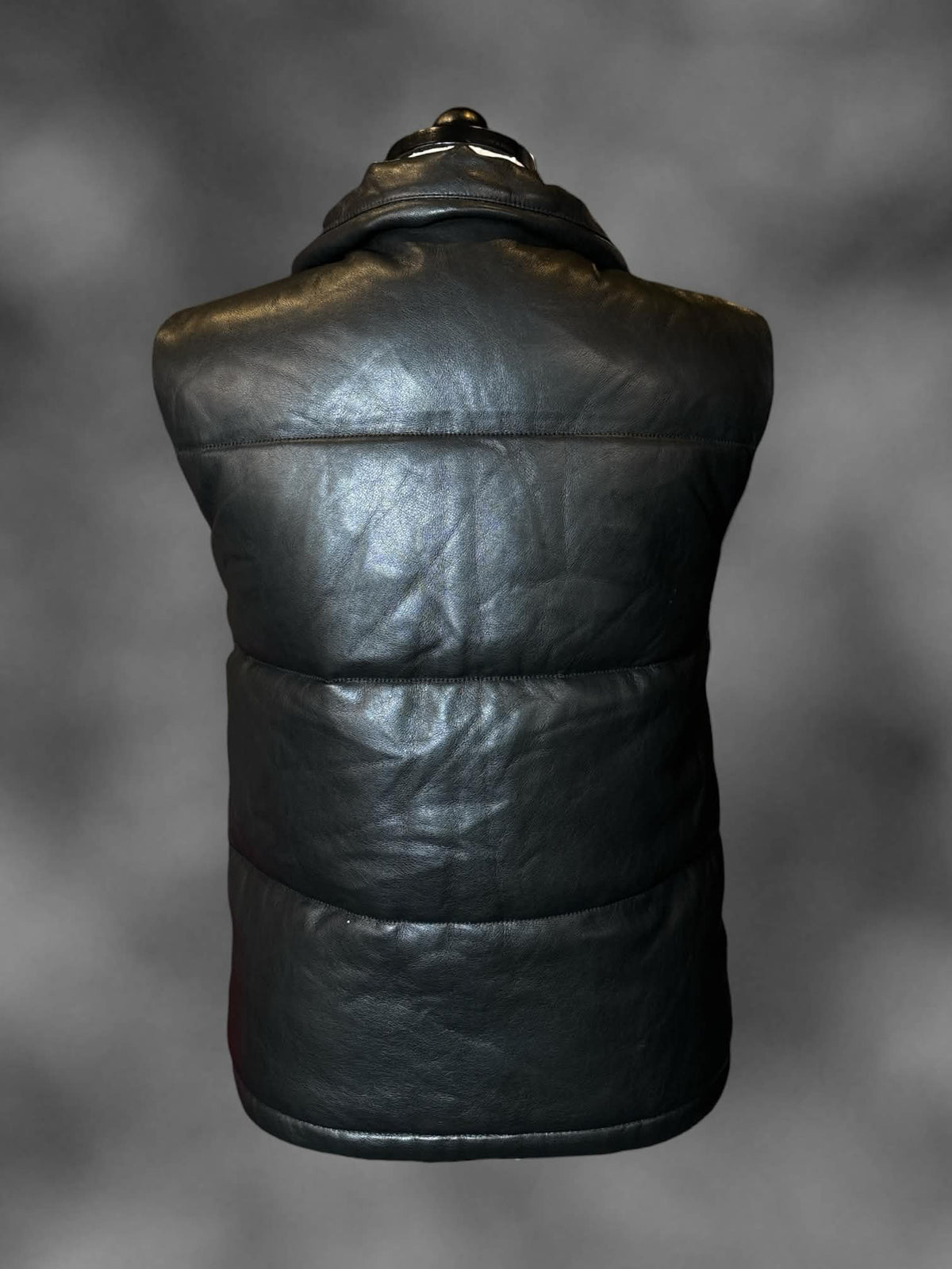 0X Abercrombie & Fitch black faux leather puffer vest with zipper and buttons on front, and pockets