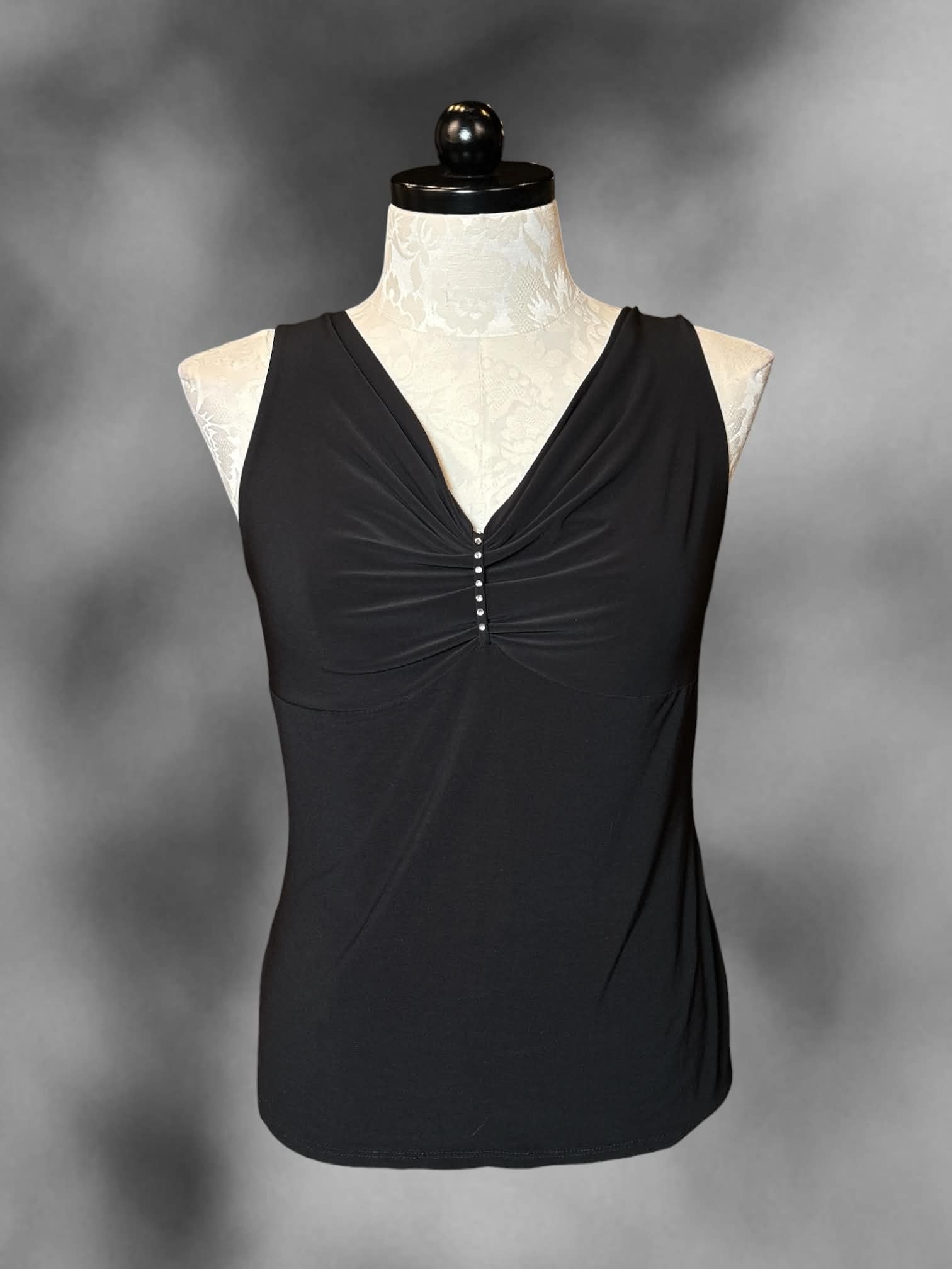1X Gemma Y2K black tank top with bedazzled cinched design on front
