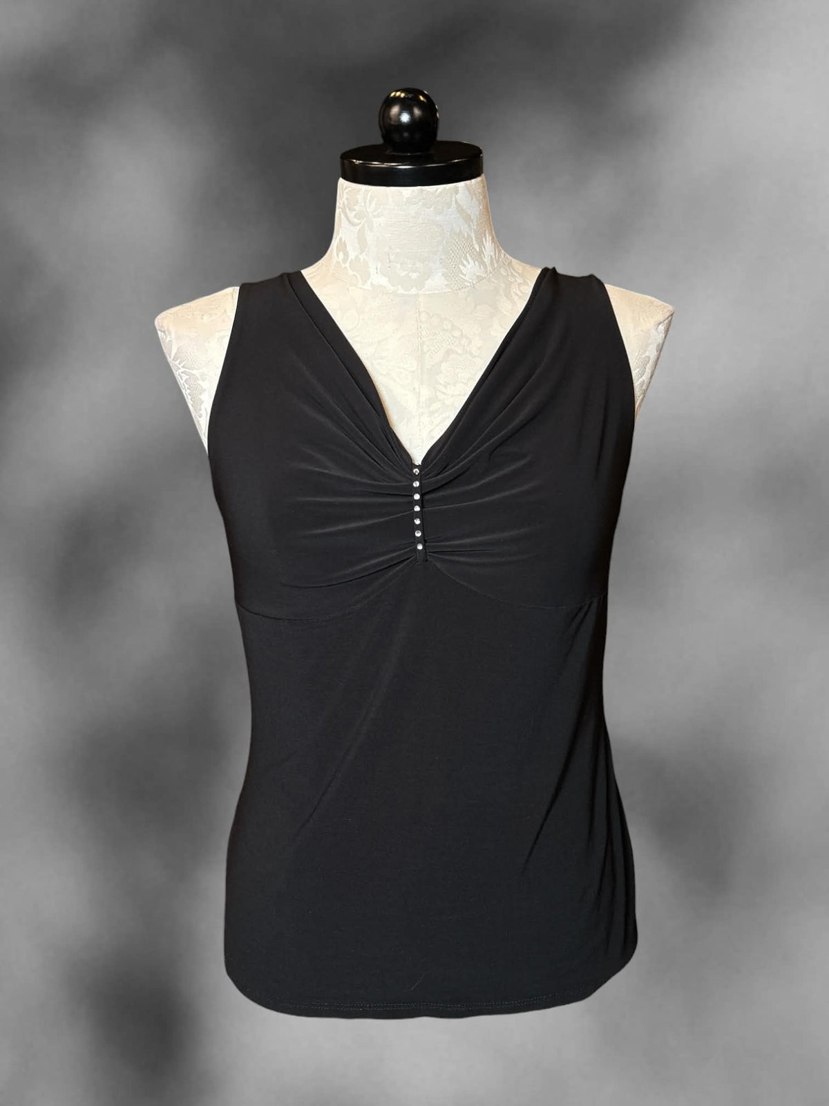 1X Gemma Y2K black tank top with bedazzled cinched design on front