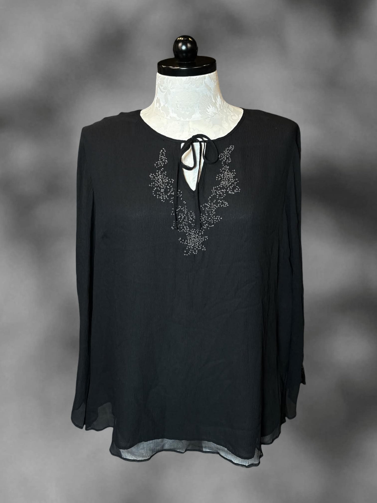 1X Anne Carson vintage NWT black silk long-sleeve blouse with beaded design on front, and sheer outer layer