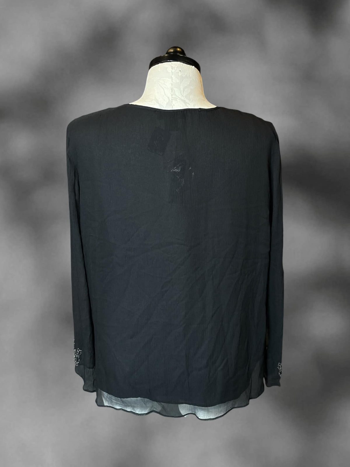 1X Anne Carson vintage NWT black silk long-sleeve blouse with beaded design on front, and sheer outer layer