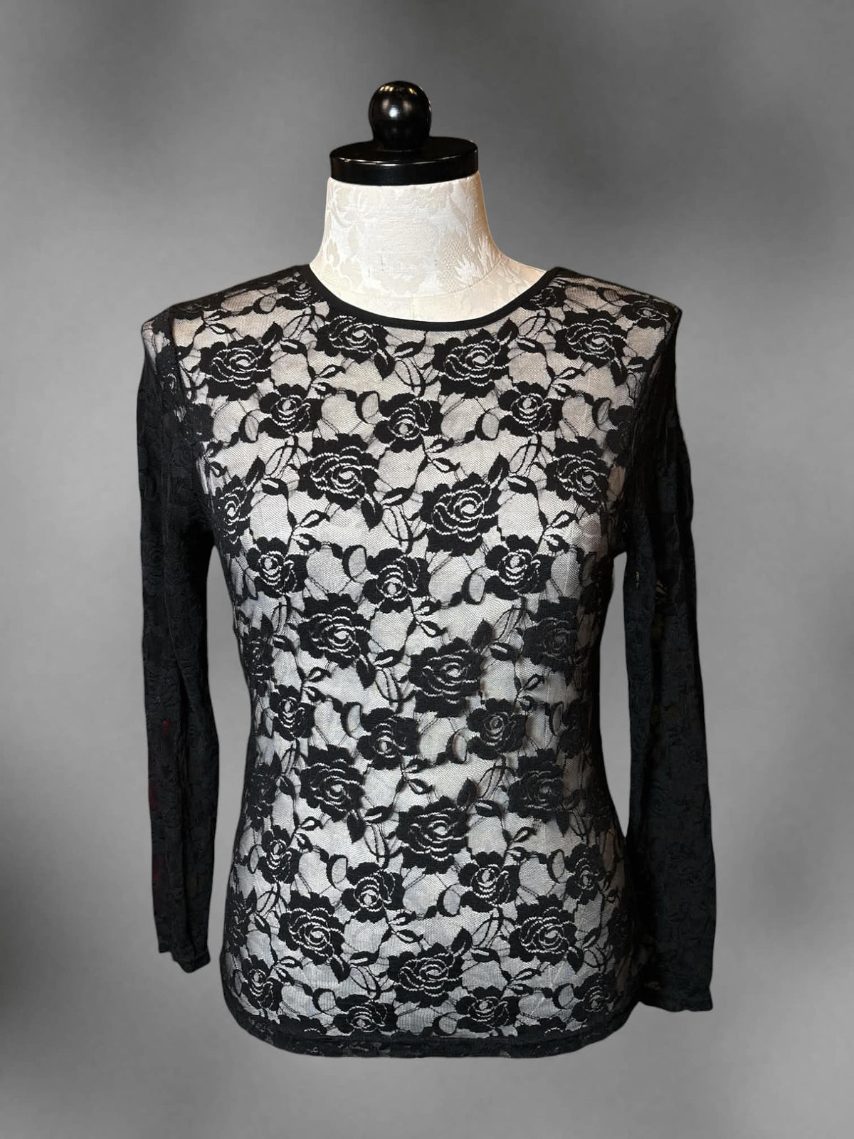 1X Time And A Half black sheer long-sleeve shirt with floral embroidered mesh