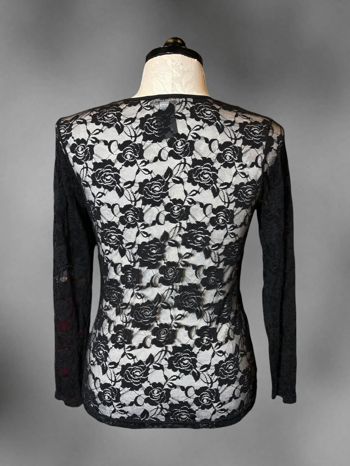 1X Time And A Half black sheer long-sleeve shirt with floral embroidered mesh