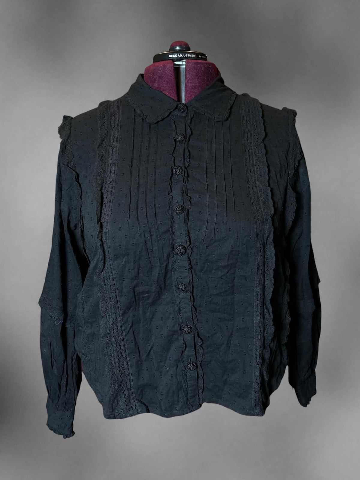 2X FARM designer black button-up blouse with lace design