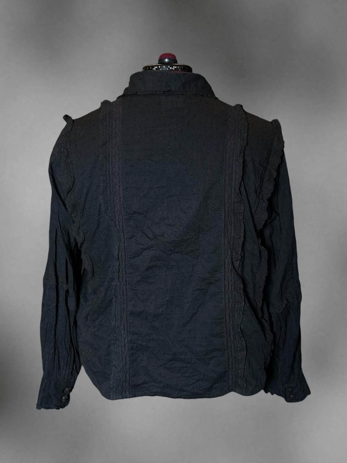 2X FARM designer black button-up blouse with lace design