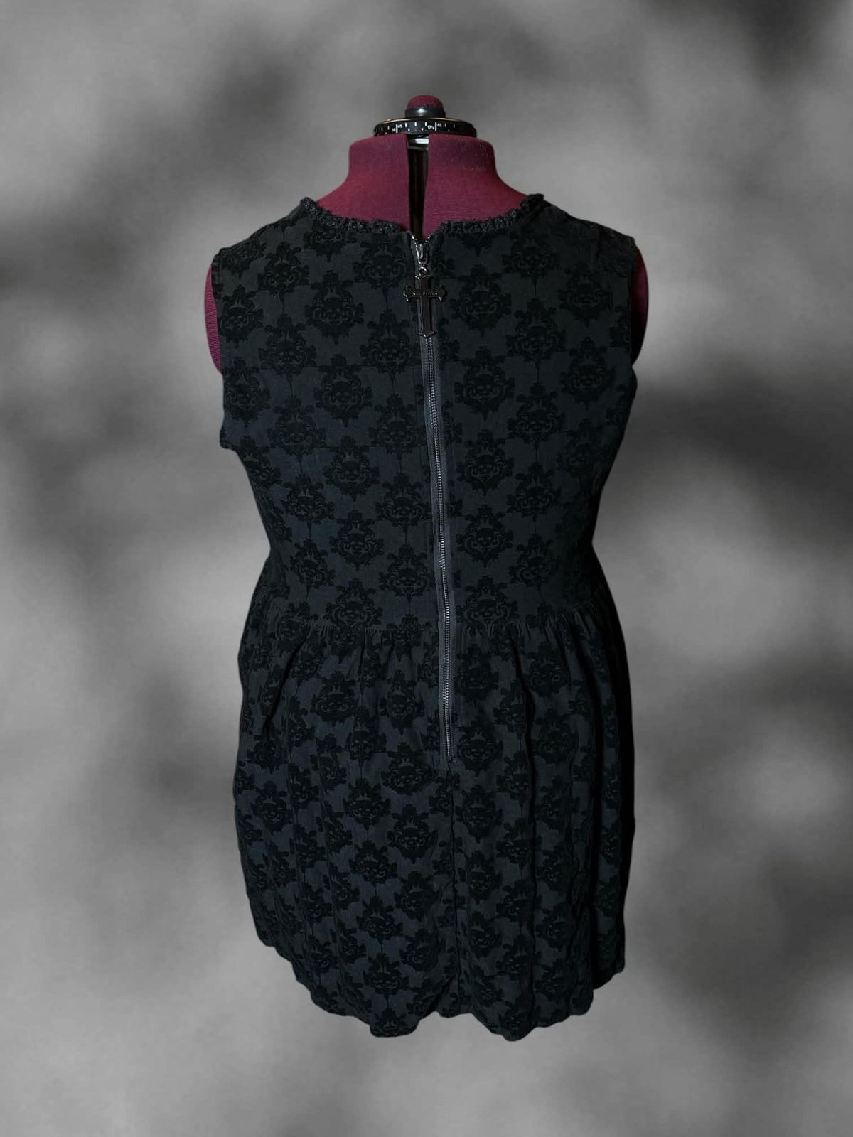2X Kill Star black short corset dress with velvet skull damask pattern, pockets, and zipper on back