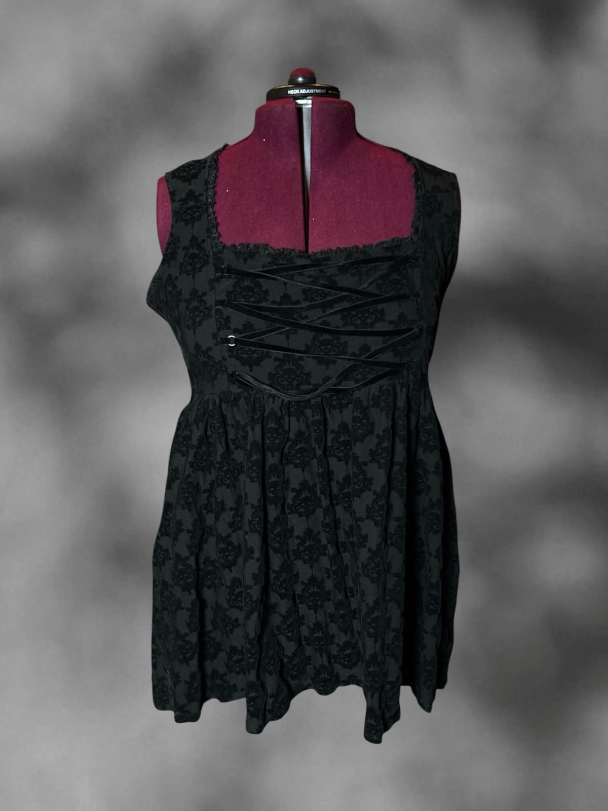 2X Kill Star black short corset dress with velvet skull damask pattern, pockets, and zipper on back