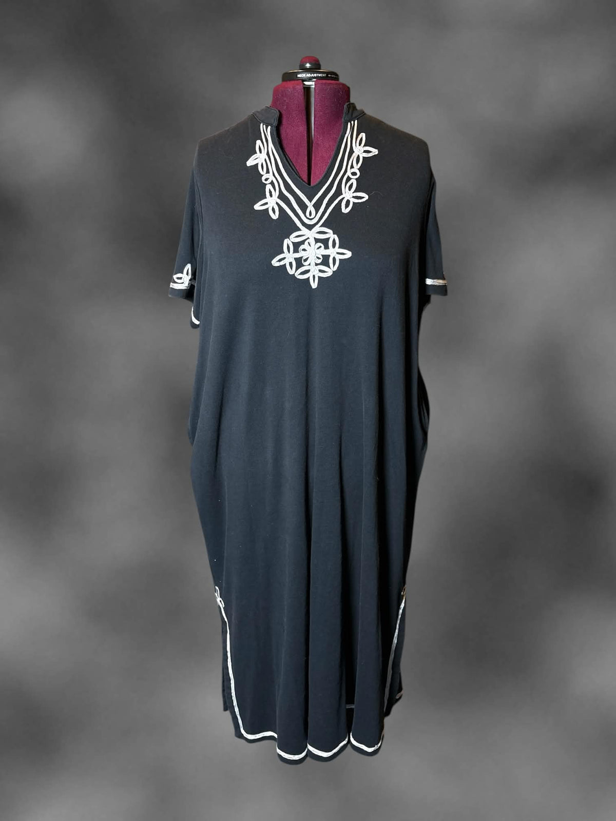2X Only Necessities charcoal grey dress with white embroidered design, and pockets