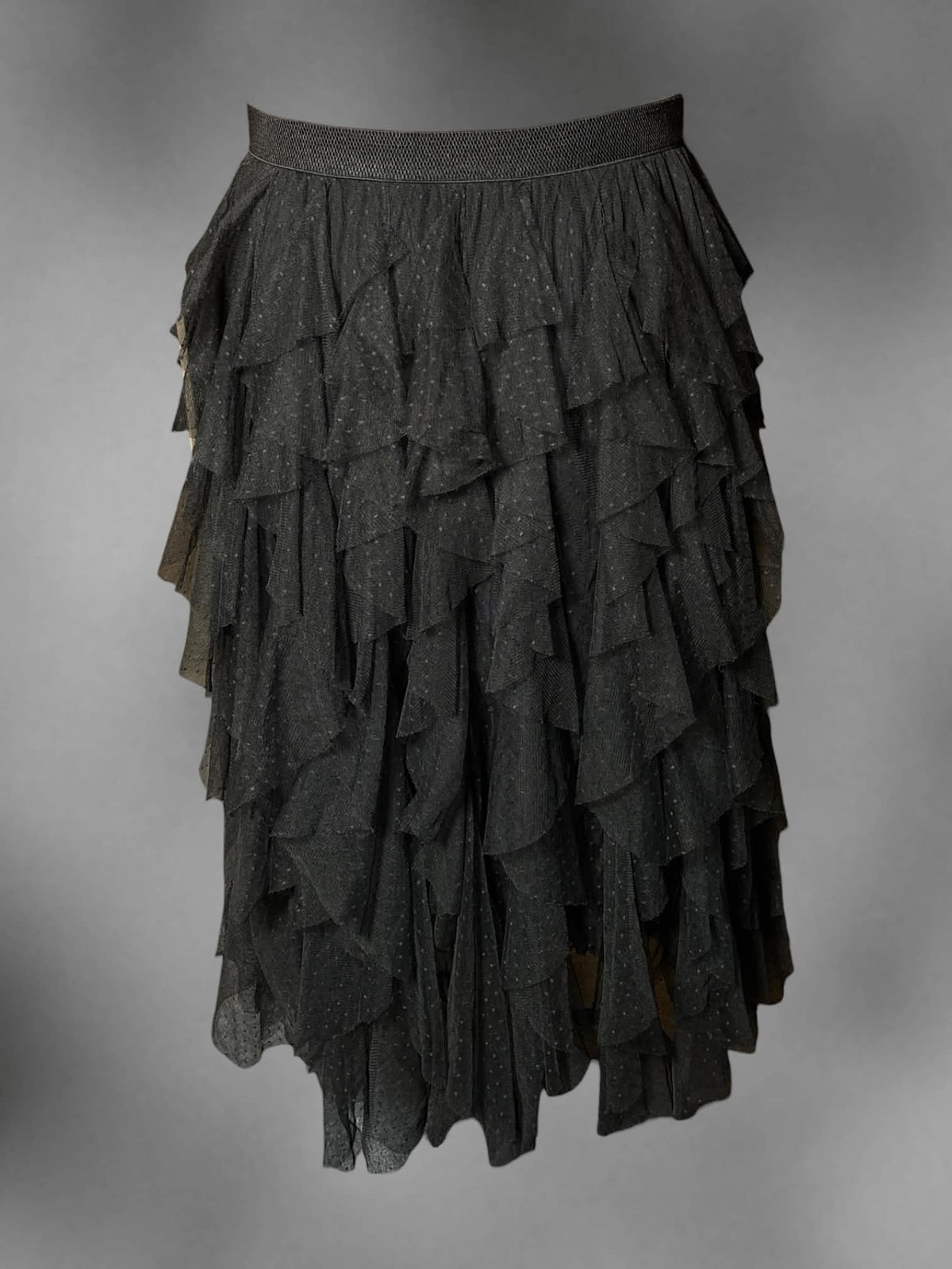 2X Anthropologie black ruffled mesh layer skirt with stretch waist