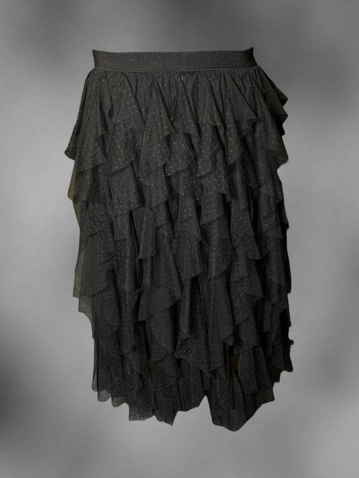 2X Anthropologie black ruffled mesh layer skirt with stretch waist