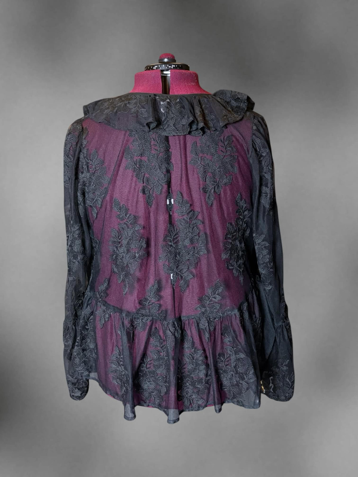 3X Festi black sheer lace long-sleeve blouse with bell sleeves, and ruffle hemline