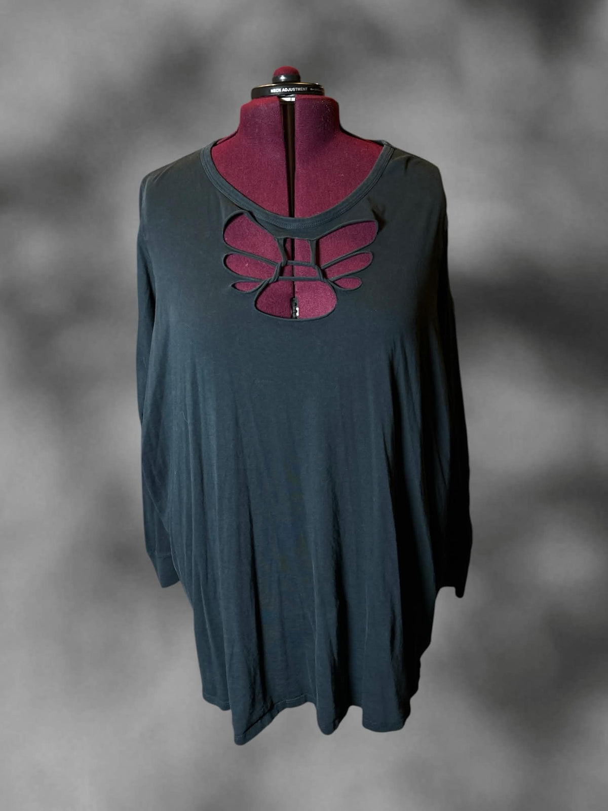 7X Torrid charcoal long-sleeve shirt with distressed cut out design on front and sleeves