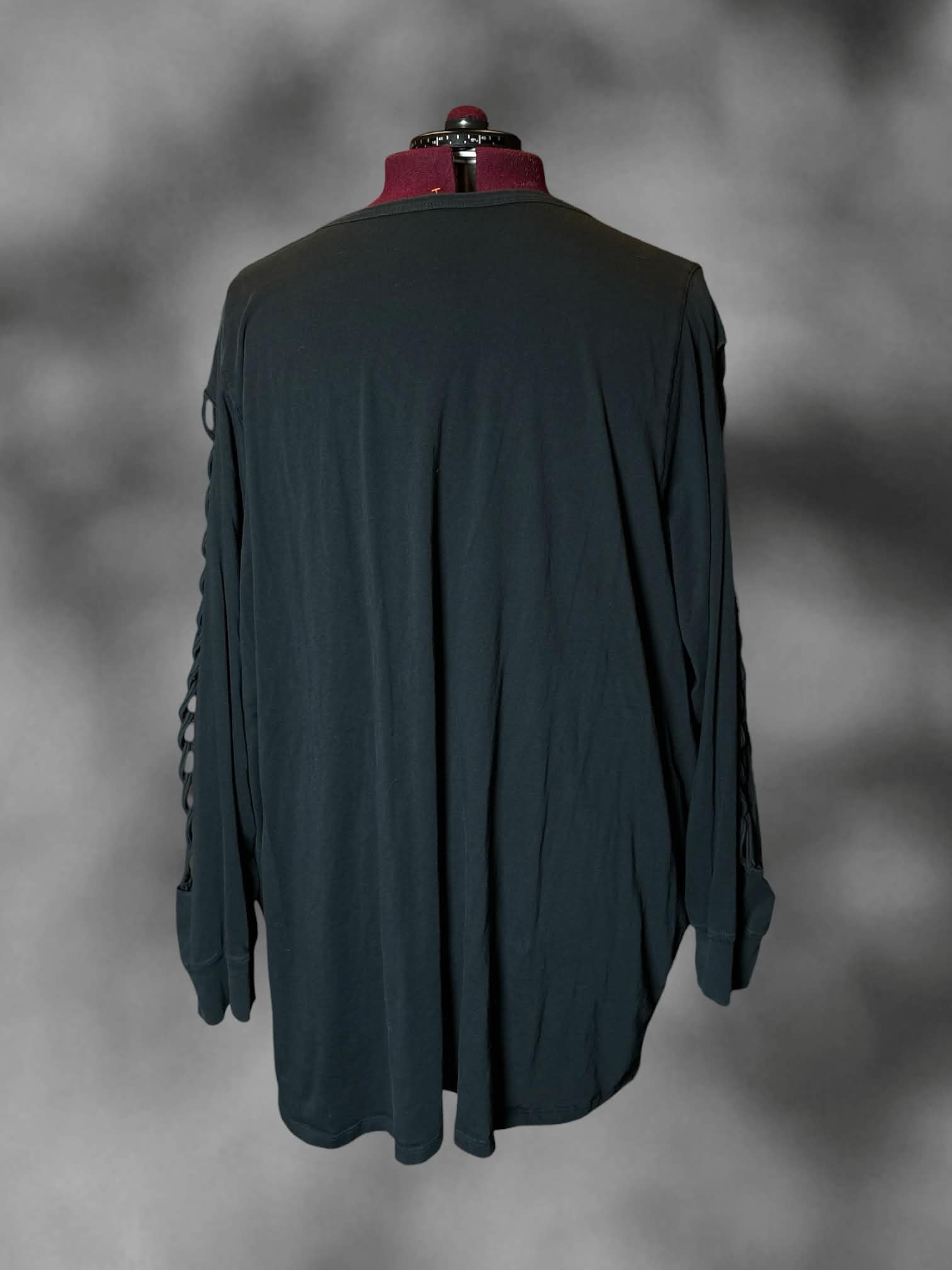 7X Torrid charcoal long-sleeve shirt with distressed cut out design on front and sleeves