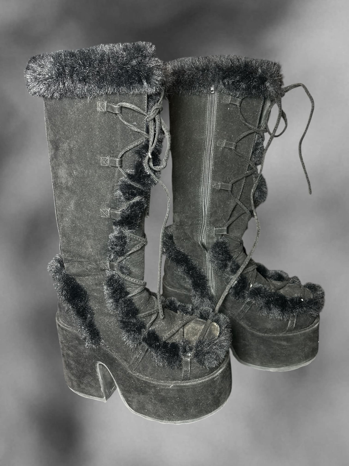 Size W 9 Demonia black Camel 311 knee high boots with faux fur