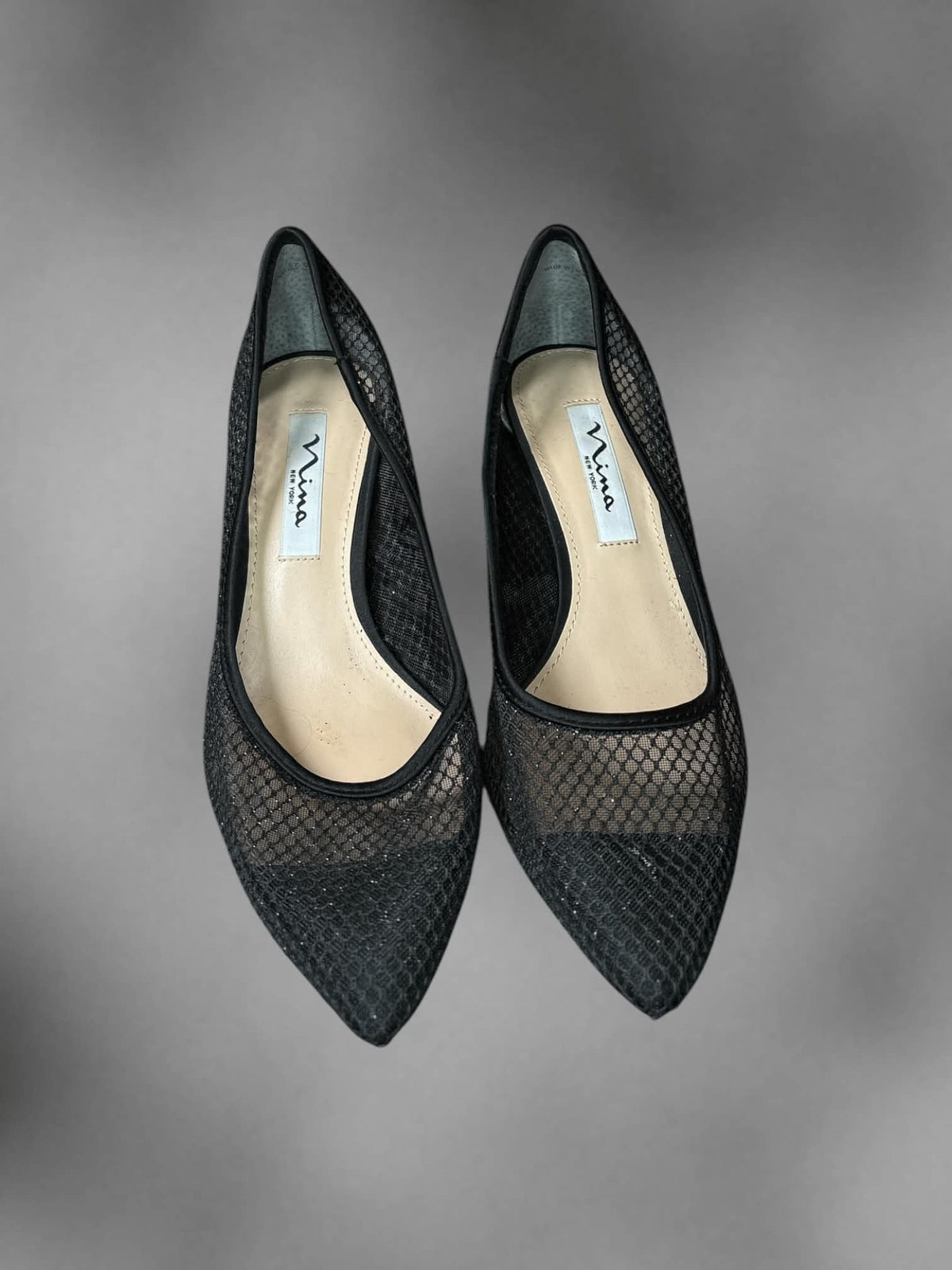 Size 7.5 Nina New York black metallic fish net heels