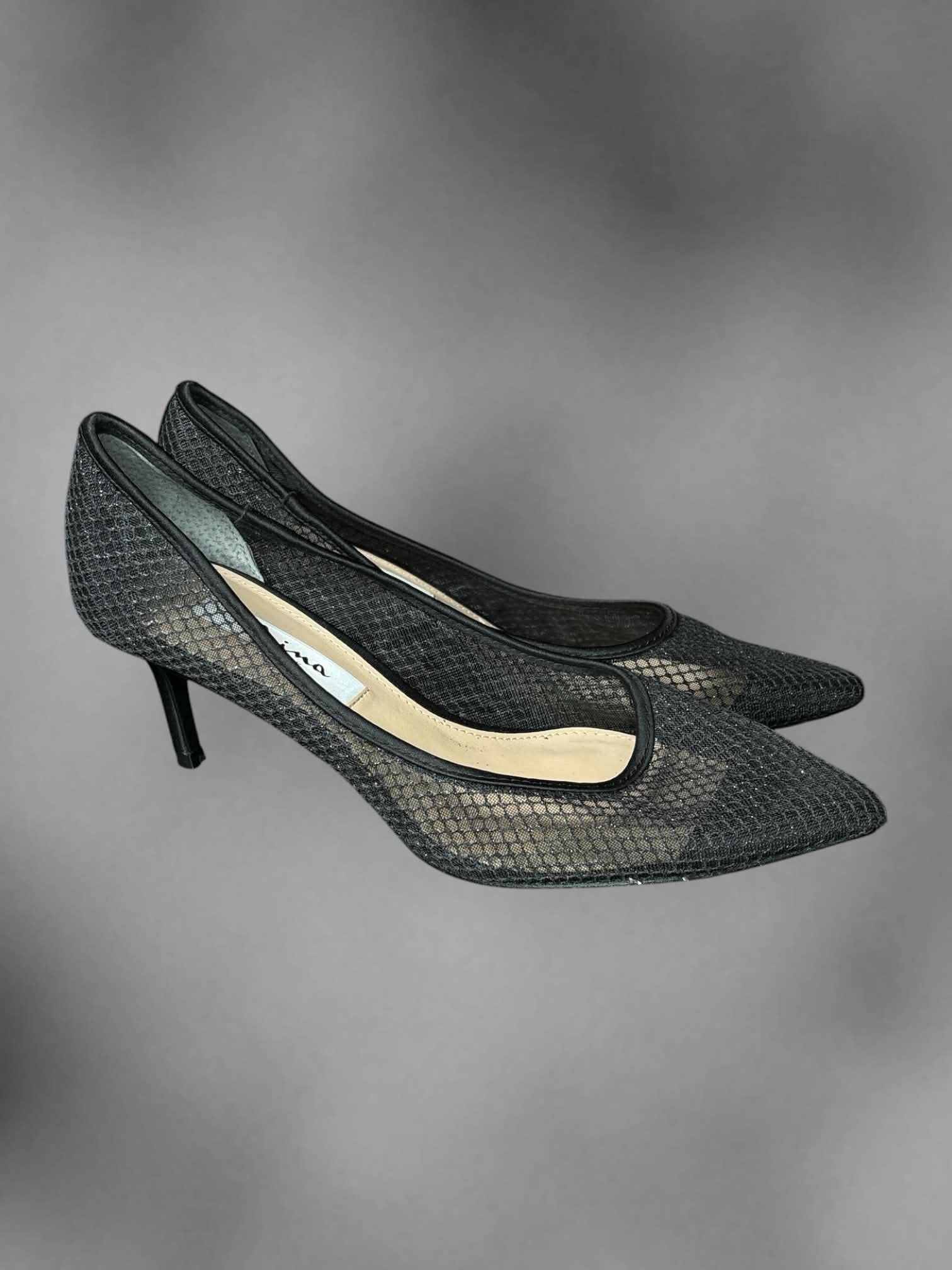 Size 7.5 Nina New York black metallic fish net heels