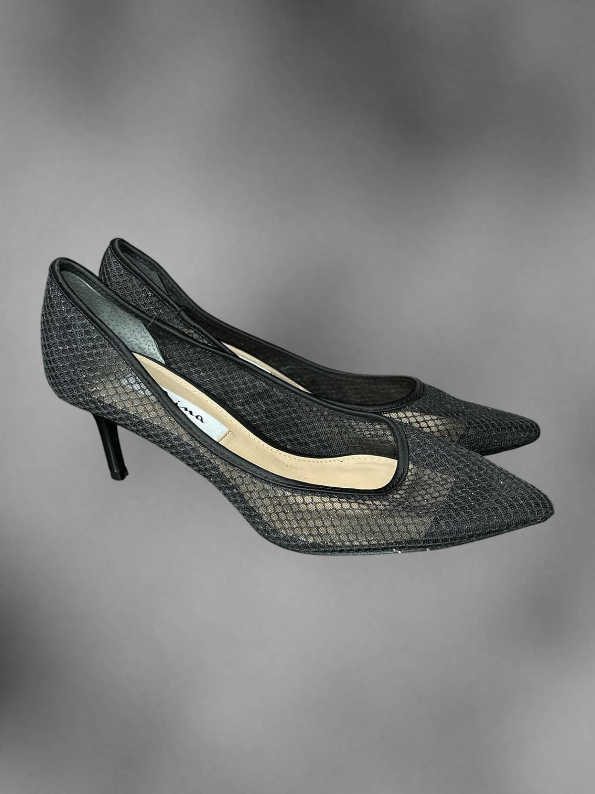 Size 7.5 Nina New York black metallic fish net heels