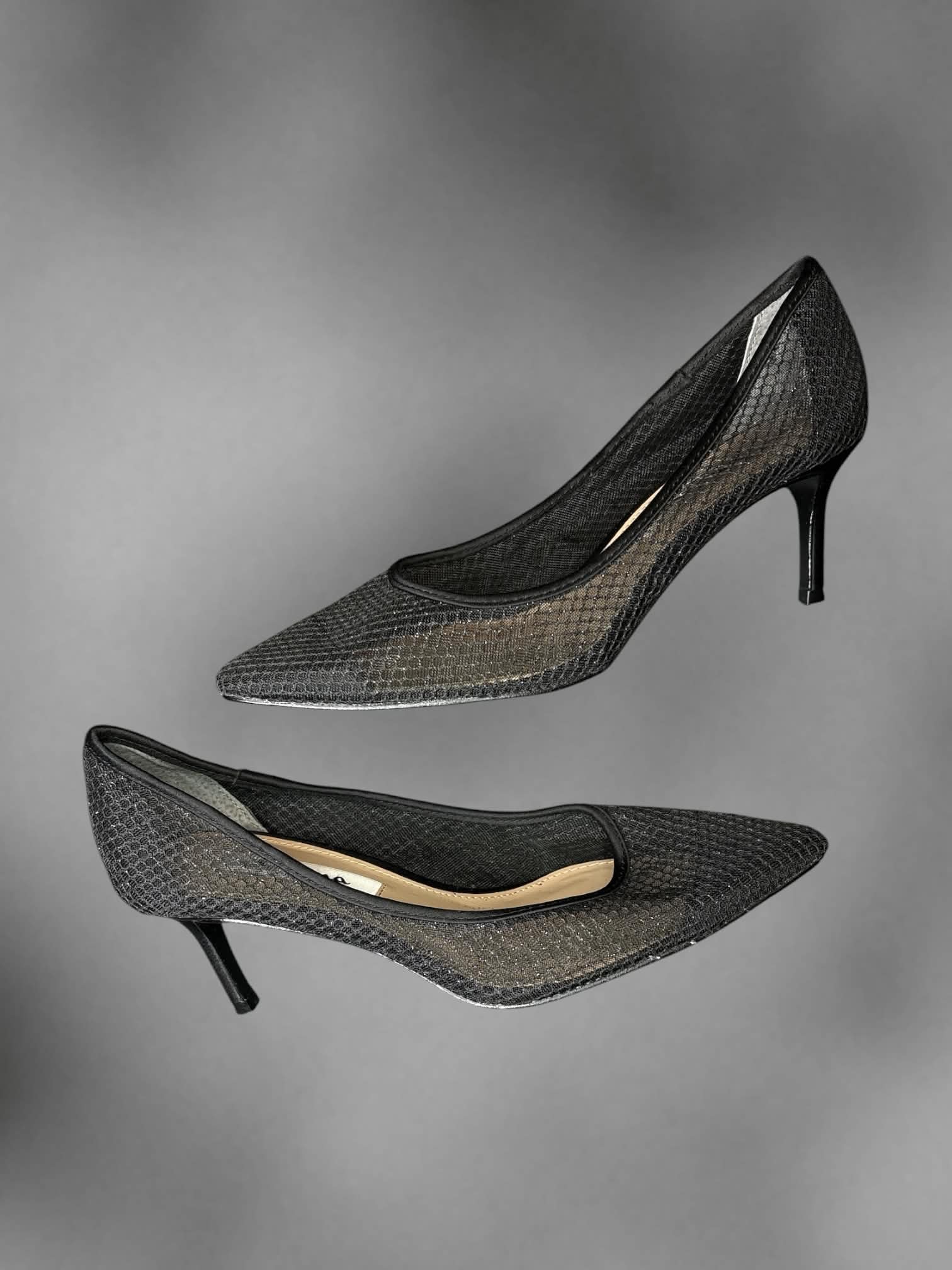 Size 7.5 Nina New York black metallic fish net heels