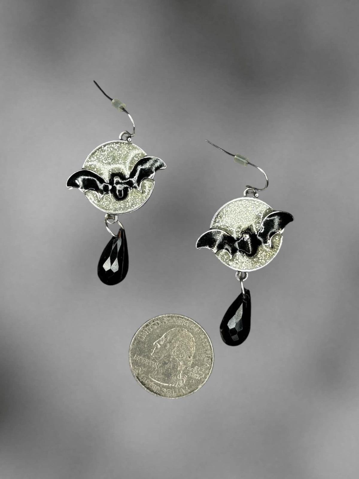 Silver glitter moon bat earrings with black beaded charm