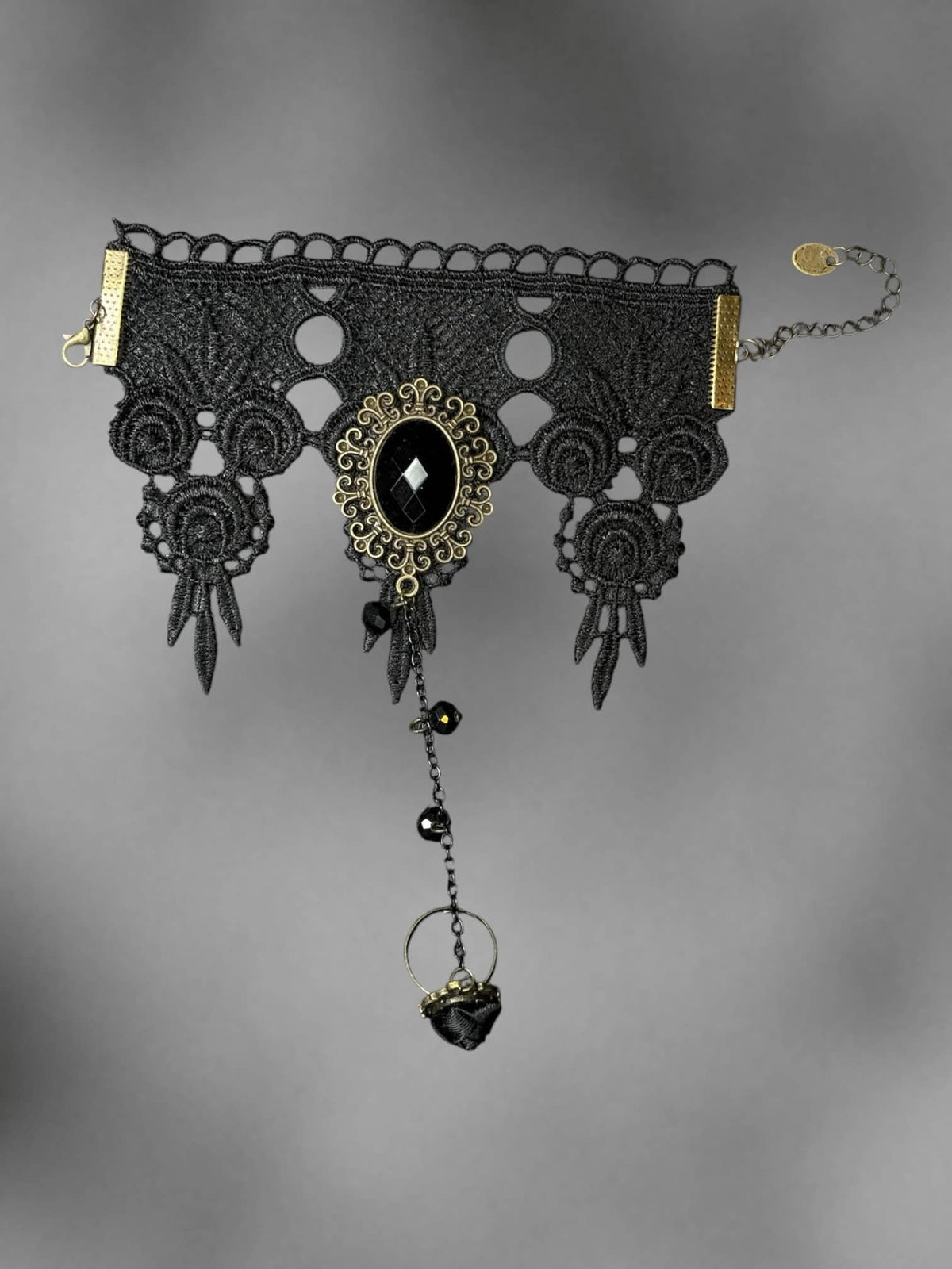 Black lace cuff bracelet with adjustable ring attached
