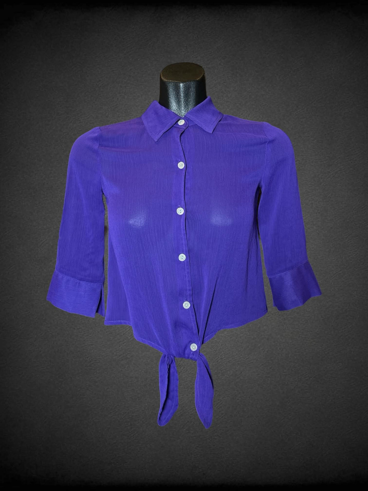 XS Any Byer purple sheer button-up crop top with tie on front