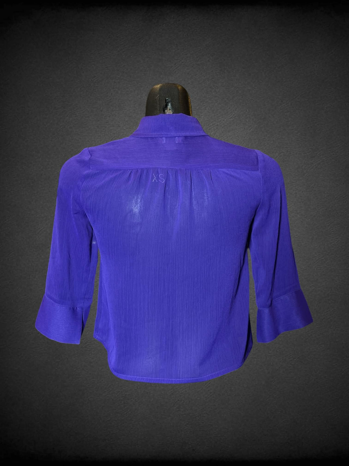 XS Any Byer purple sheer button-up crop top with tie on front
