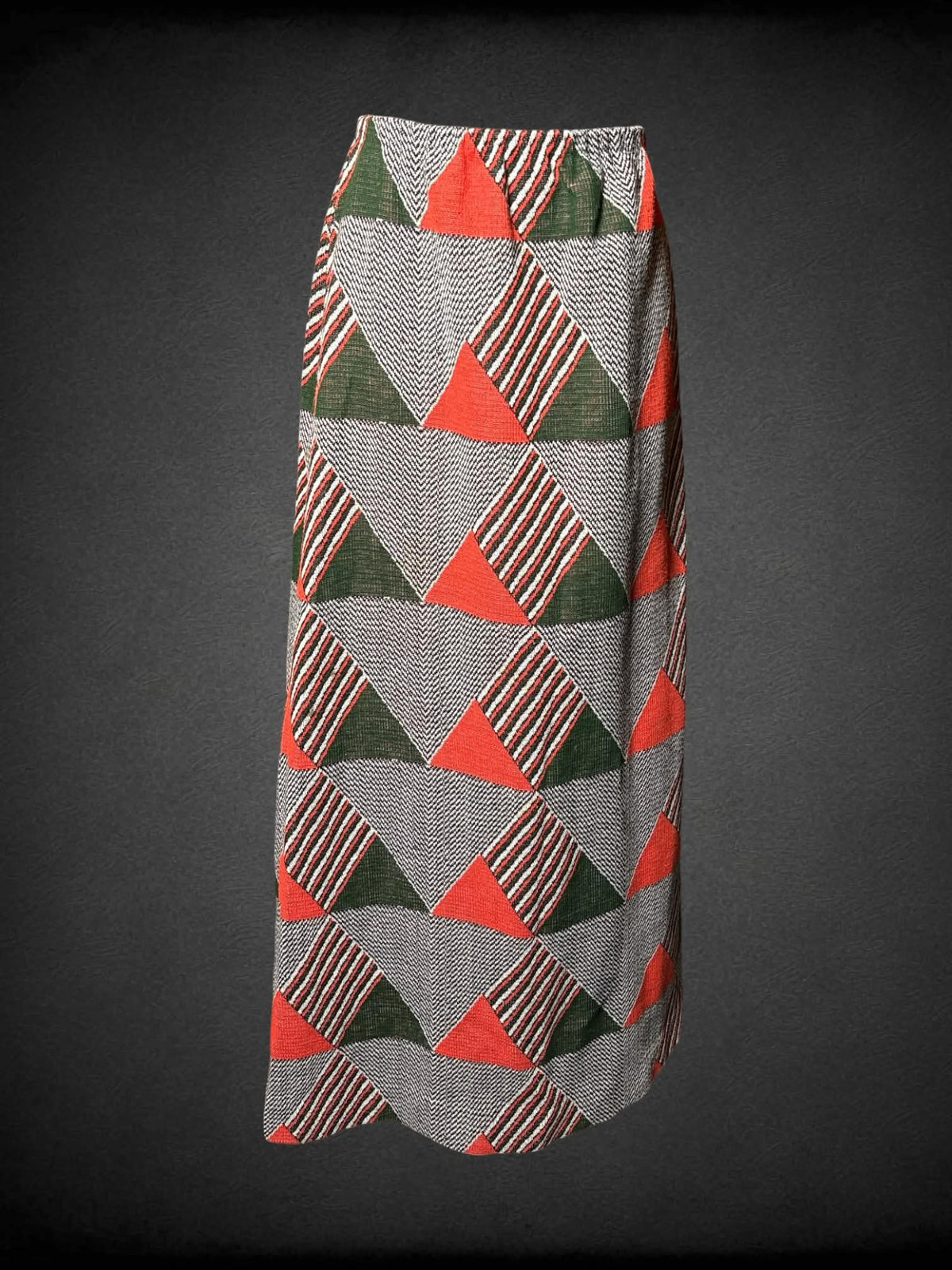 S grey soft woven skirt with triangular pattern, and stretch waist