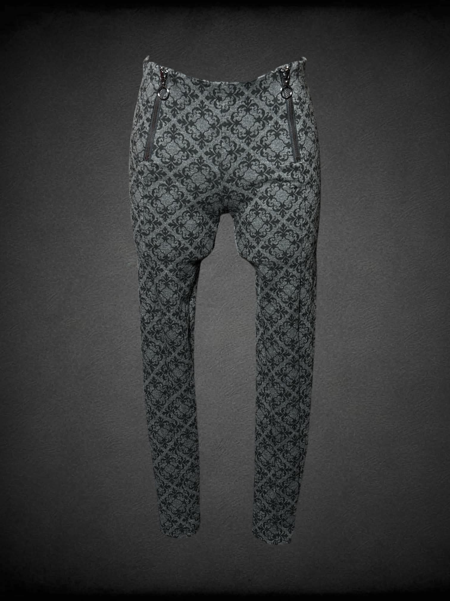 M Tezenis grey leggings with black damask pattern, decorative zippers on front, and stretch waist