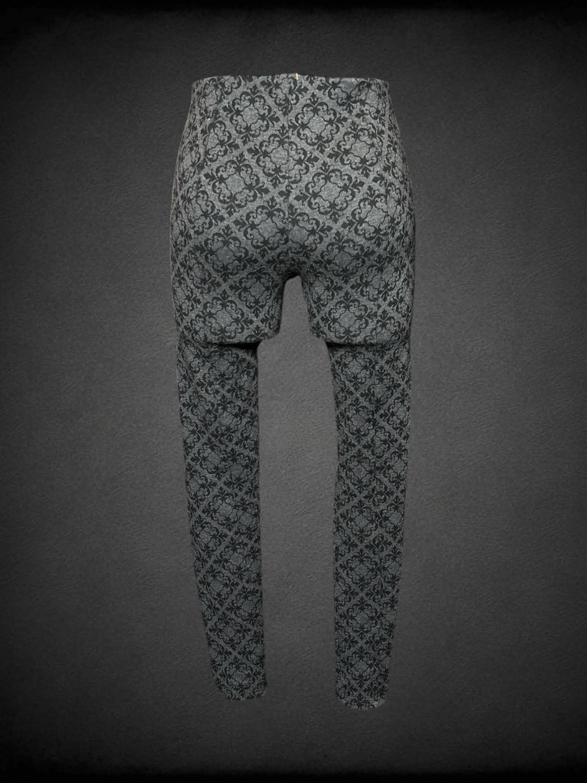 M Tezenis grey leggings with black damask pattern, decorative zippers on front, and stretch waist