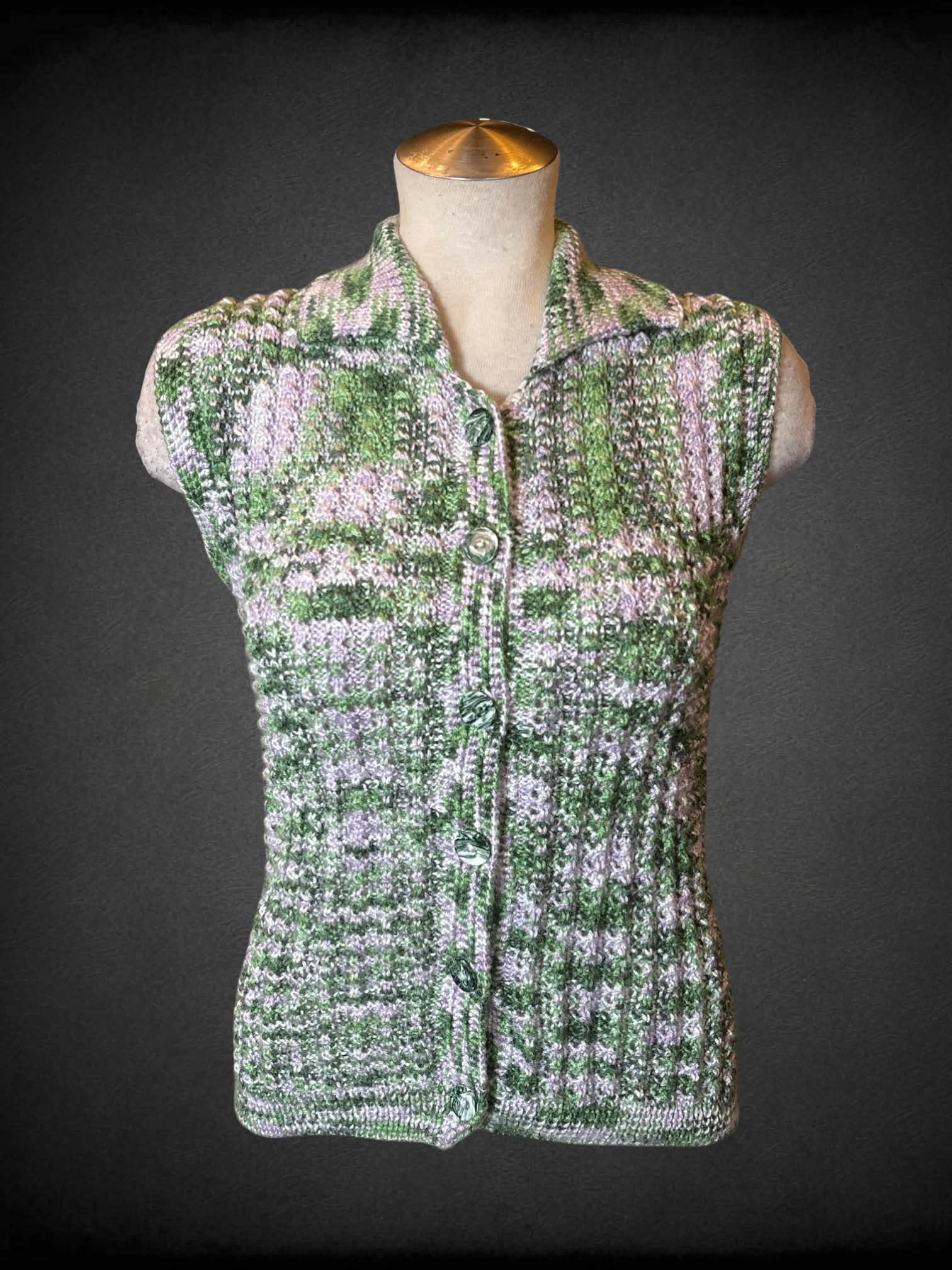 L lilac & green crochet button-up sweater top