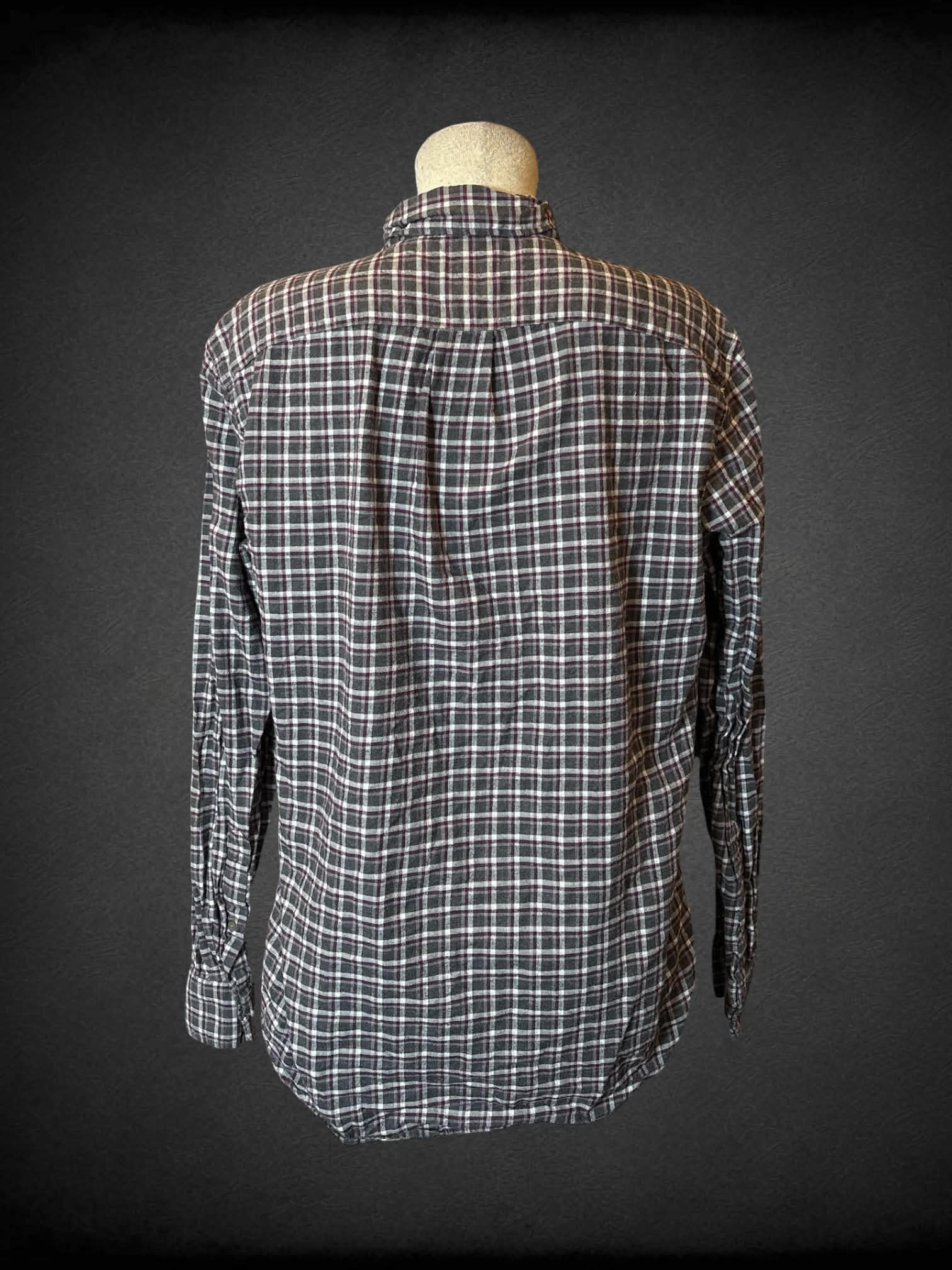 L J. Crew grey & maroon plaid button-down shirt with pocket on front