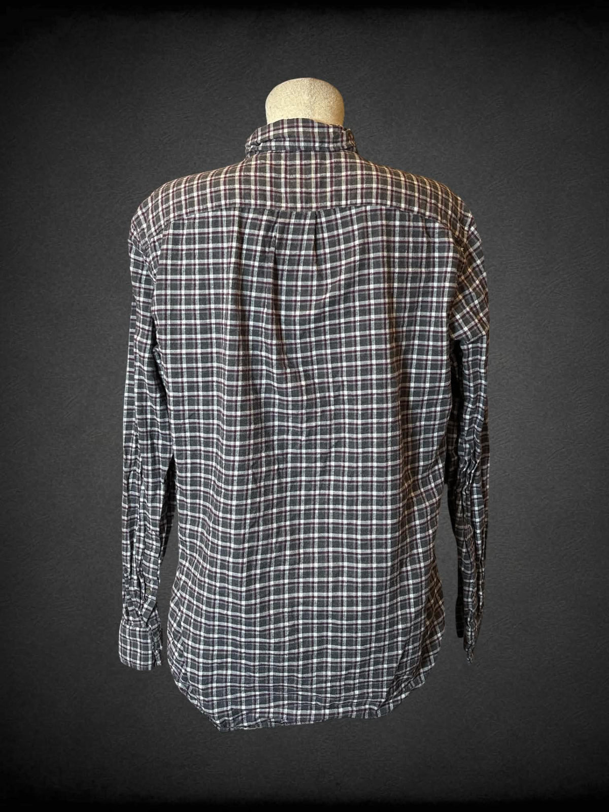 L J. Crew grey & maroon plaid button-down shirt with pocket on front