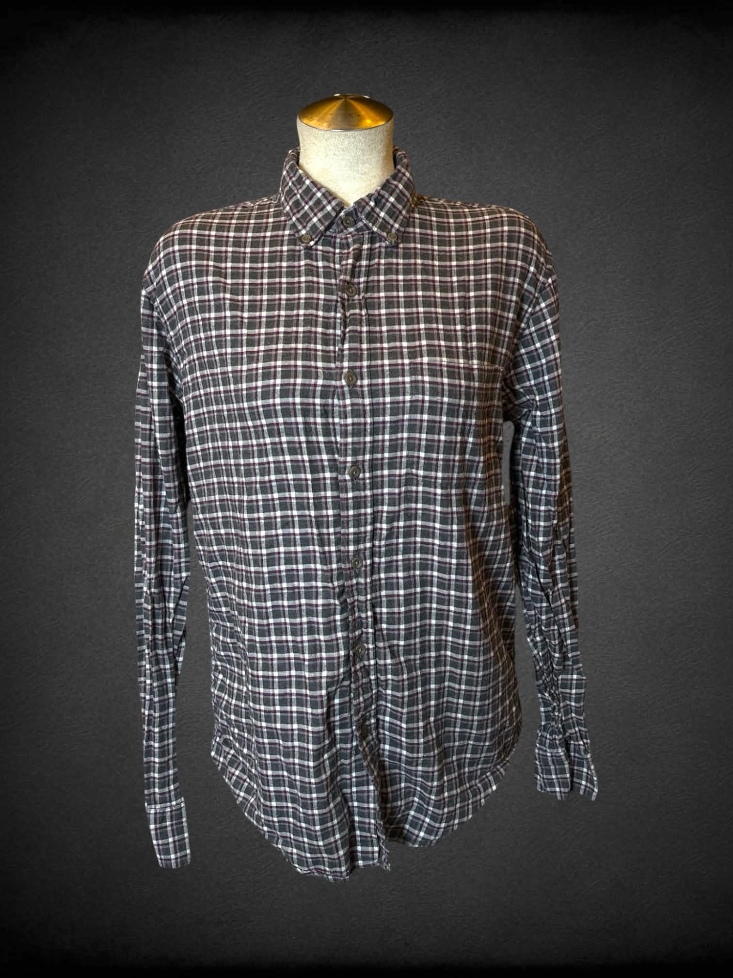L J. Crew grey & maroon plaid button-down shirt with pocket on front