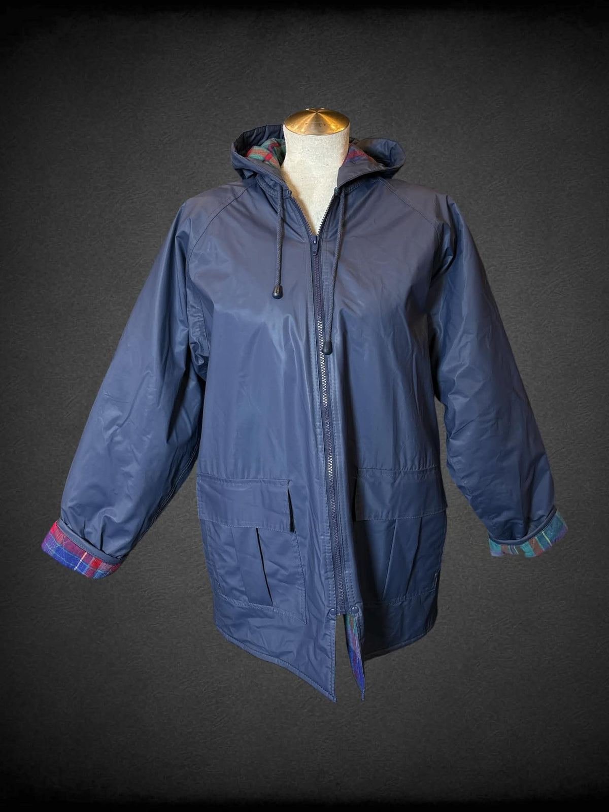 L Misty Harbor vintage blue zip-up hooded rain coat with pockets, and plaid inner lining