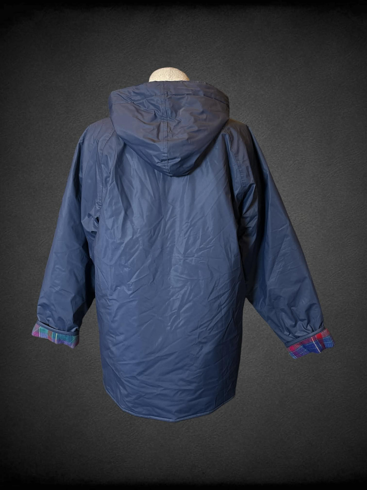 L Misty Harbor vintage blue zip-up hooded rain coat with pockets, and plaid inner lining