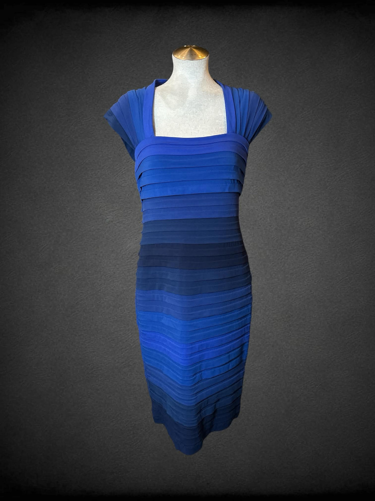 L Tadashi blue dress with gradient pleated design, and zipper on back