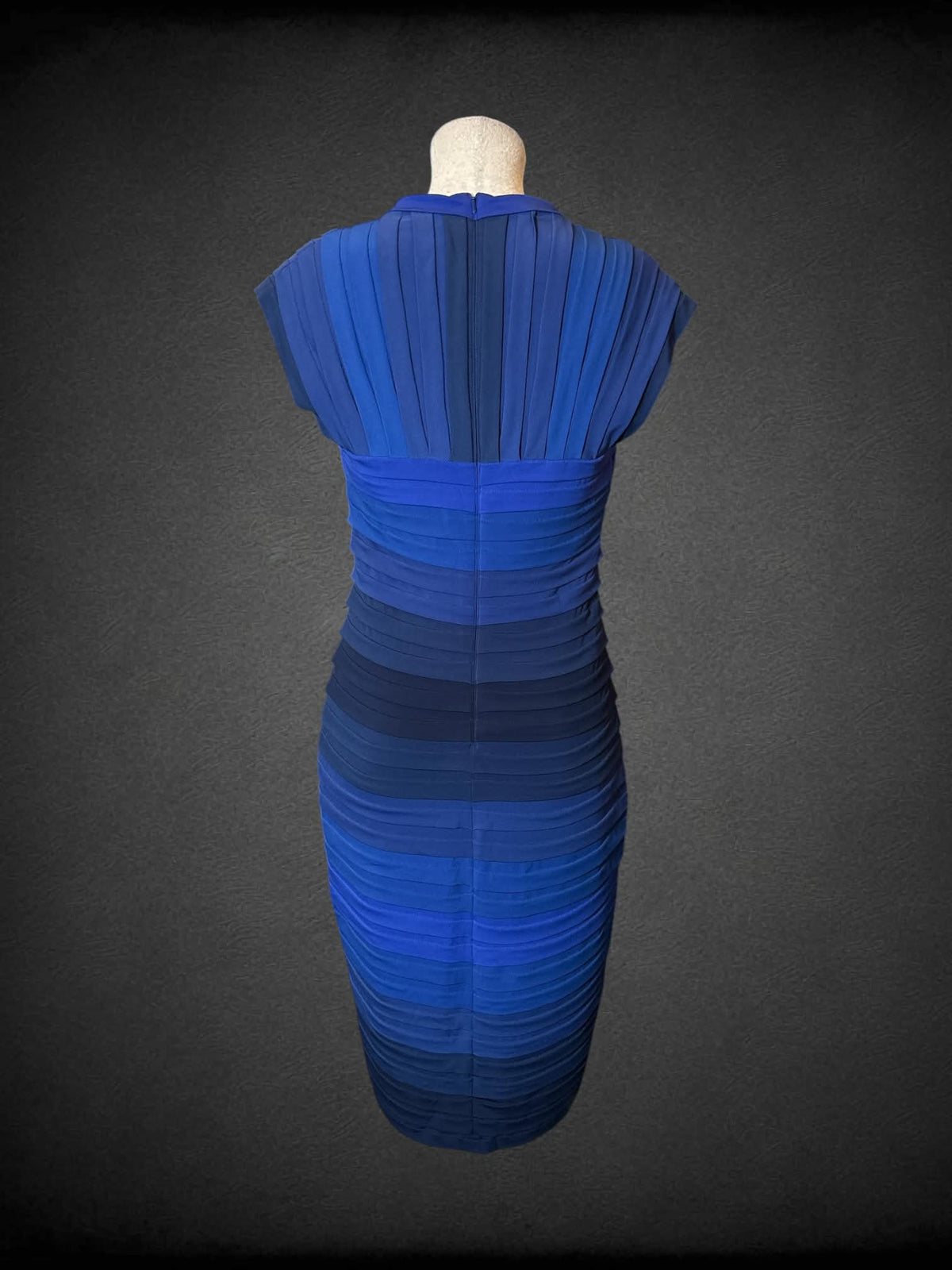 L Tadashi blue dress with gradient pleated design, and zipper on back