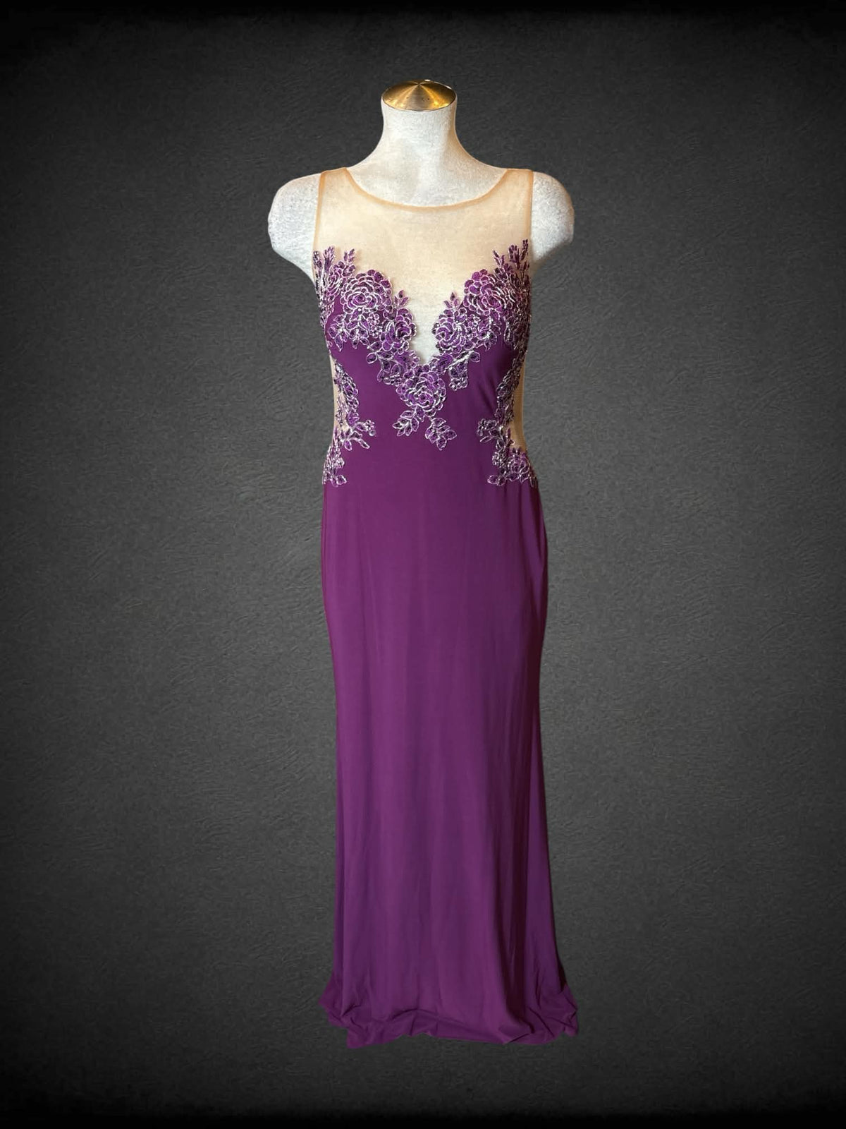 L Dave & Johnny purple dress with sheer mesh on top, zipper on side, and beaded floral embroidered design