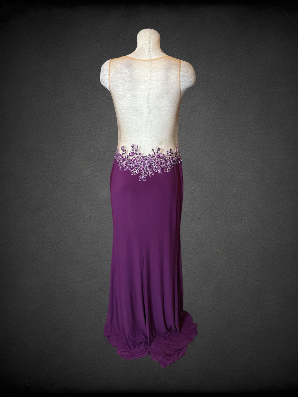 L Dave & Johnny purple dress with sheer mesh on top, zipper on side, and beaded floral embroidered design