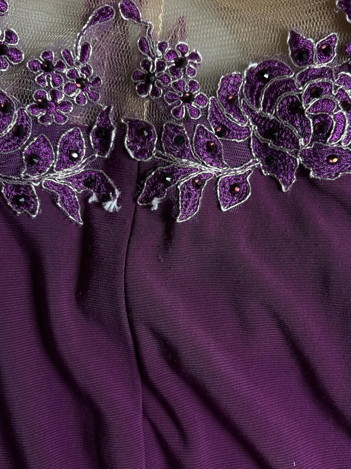L Dave & Johnny purple dress with sheer mesh on top, zipper on side, and beaded floral embroidered design