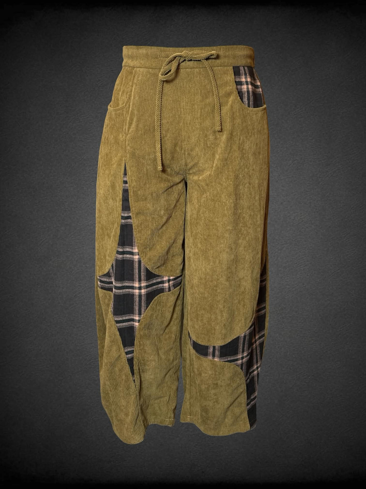 XL Tarse brown high-waisted corduroy pants with plaid star design, and stretch waist